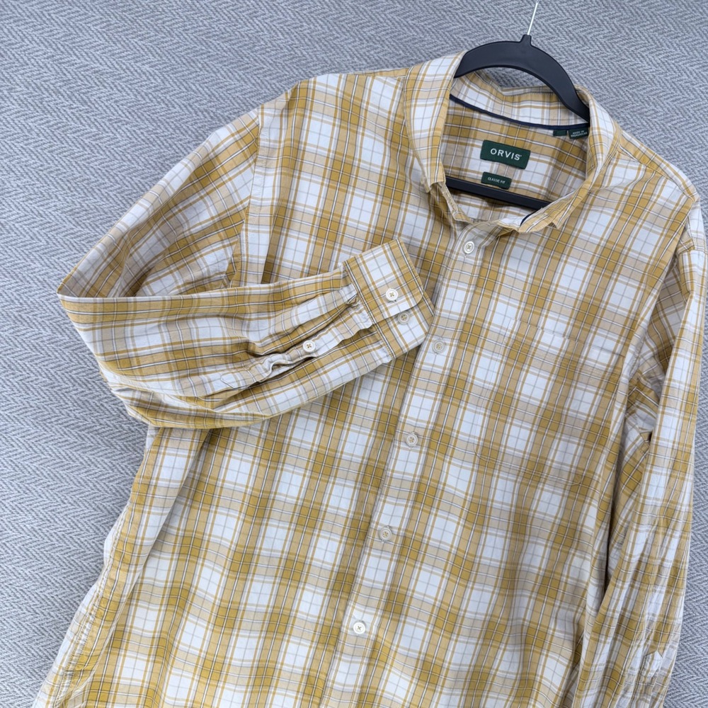 Orvis Mens XL Classic Fit Plaid Button Down Shirt Yellow White Long Sleeve